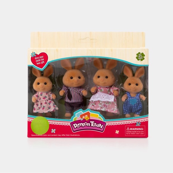 Pompon Town Brown Rabbit Family x 4 Pieces Figurines - Picture 2 of 14